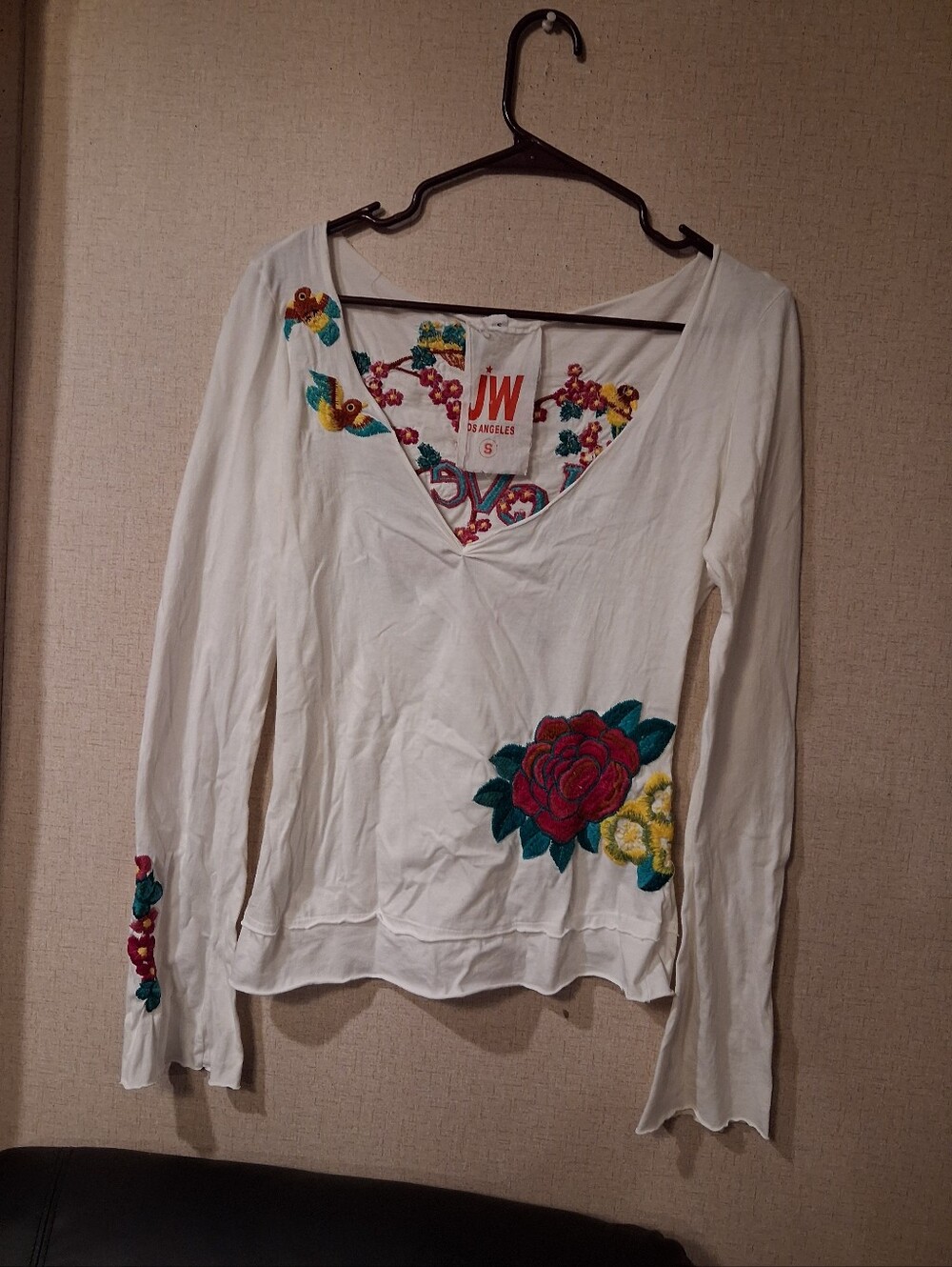 Johnny Was Cotton Embroidered  Top Blouse S Long Sleeve V Neck Stretch Boho Y2K